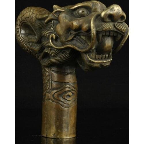 671115909*++China Old Handwork Carving Bronze Dragon Statue Cane Head Walking Stick