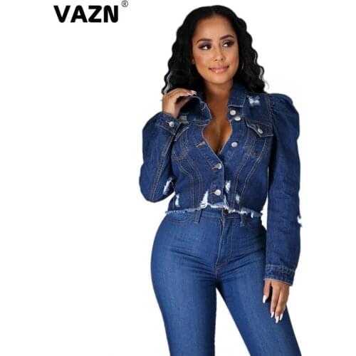 VAZN 2020 Autumn Hot Simple Plus Size High-end Young Daily Casual Elegant Regular Solid Full Sleeve Women Denim Short Outwears