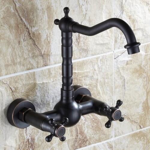 Vintage Solid Brass Nickel Brushed Wall Mounted Black Painted Bathtub Faucet with Dual Handles Hot and Cold Water Mixer tap