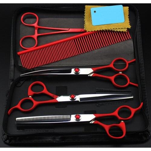 5 kit professional Japan 440c 7 inch RED pet dog grooming hair scissors set cutting shears thinning barber hairdressing scissors