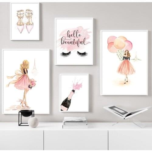 Girl High Heels Handbag Champagne Wall Art Canvas Painting Fashion Nordic Posters And Prints Wall Pictures For Salon Bar Decor