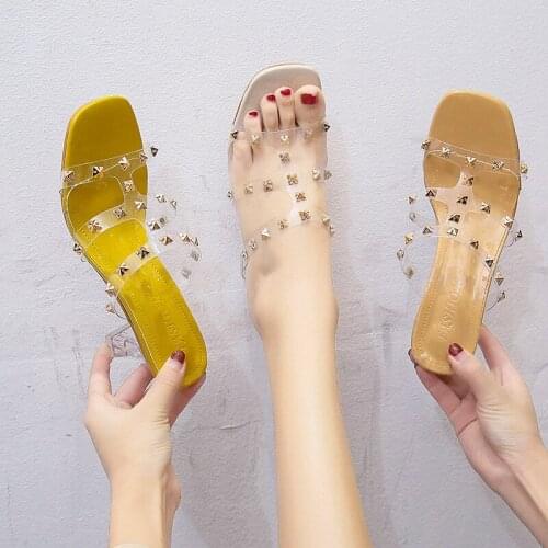 Summer Transparent Crystal Shoes Woman Slides Mules Thick High Heels New Sexy Ladies Shoes Plus Size Rivet Solid Women Shoes