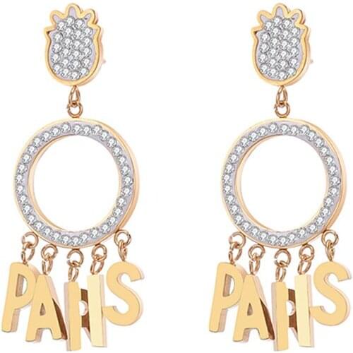 PARIS Letter Earrings For Women Stainless Steel Women Fashion Jewelry Luxury Crystal Circle Dangle Earrings Simple Accessories