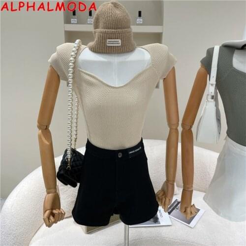 ALPHALMODA 2021 Summer New Trendy Slim Short-sleeved Sweater Top Solid Square Collar Sexy Jumper