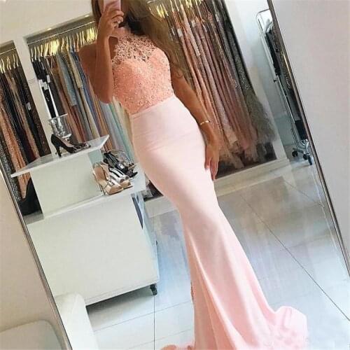 Halter Satin Backless Prom Dresses Long Pink kleider Applique Lace Formal Evening Dress Women Party Gowns With Long Train