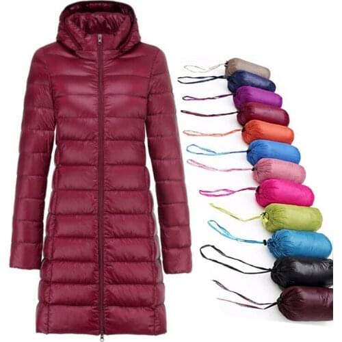Winter Jackets Womens White Duck Down Jackets Long Ultra Light Thin Casual Coat Puffer Jacket Slim Hooded Parka Female Portable