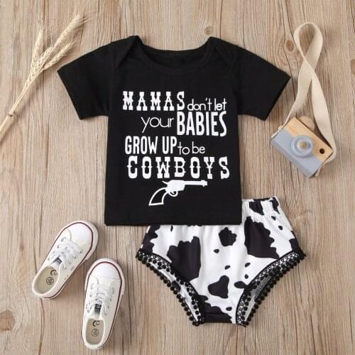 0-24M Infant Baby Girl Boy Clothing Letter Short Sleeve T-shirt Top+Cow Polka Dot Print Shorts Summer 2pcs Summer Set