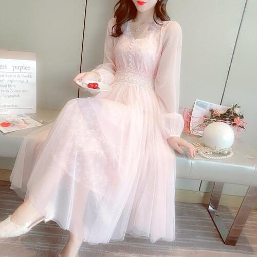 2020 Brand New Women Lace Dress V-neck French Retro Style Long Sleeve Elegant Midi Dress High Quality Party Dress Vestidos J297