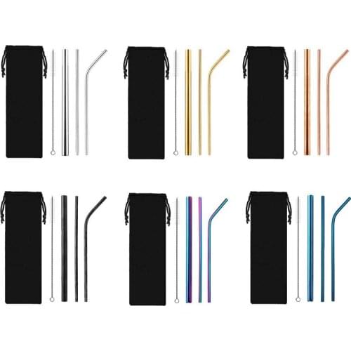 5pcs Eco Friendly Reusable Straw 304 Stainless Steel Straw Metal Smoothies Drinking Straws Set with Brush & Bag