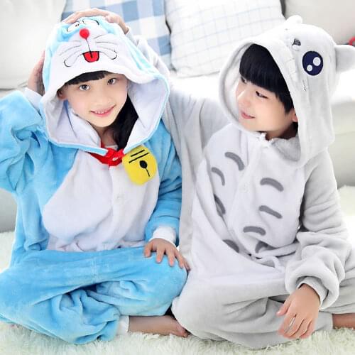 Kids baby girls Carton Doraemon gray Totoro onesies costume party Halloween pajamas winter warm sleepwear Boys cosplay pajamas