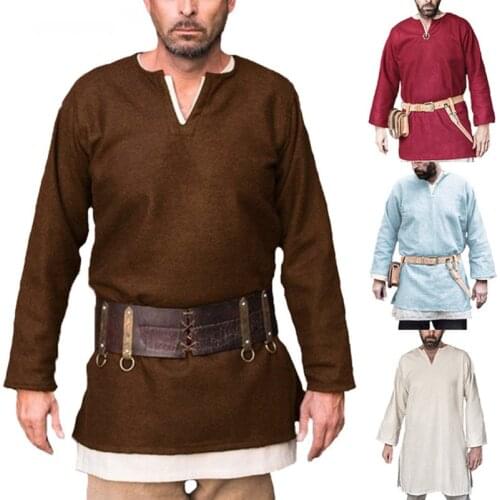 Mens 2021 stage show solid color long sleeve V-neck casual long shirt and shirt with a vintage slit