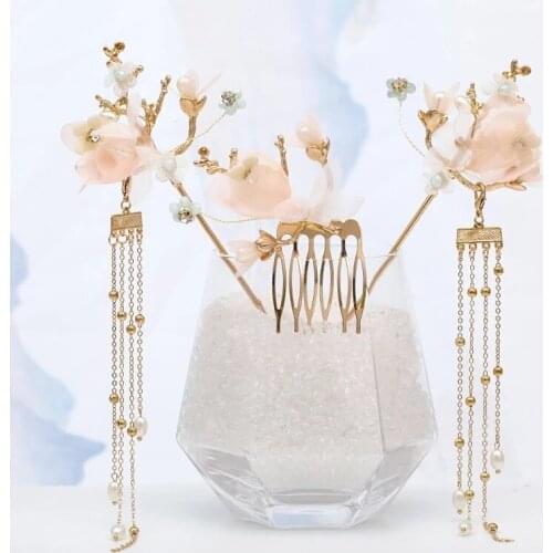 Women Girls Flower Pearls Long Tassel Headpieces Tassel Step Shake Flower Hairpins Sticks Hair Combs Chinese Hair Jewelry Sets