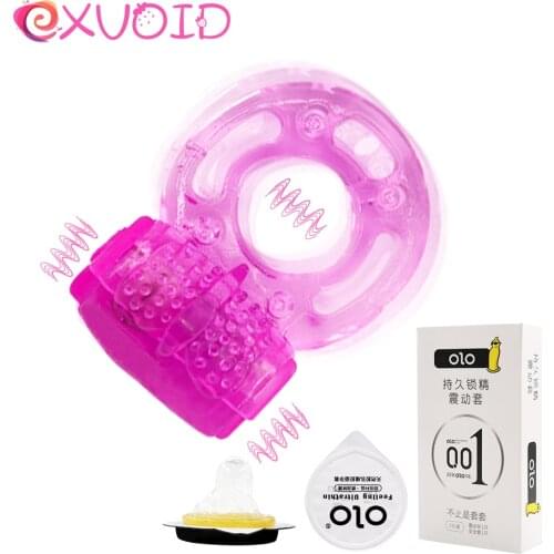 EXVOID Penis Vibrator Ring with Condom Delay Ejacualtion Elastic Cock Vibrating Ring Clitoris Stimulate Condom Sex Toys for Men
