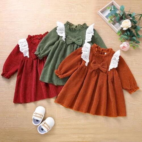 FOCUSNORM 0-3Y Autumn Baby Girls Dress 3 Colors Solid Long Sleeve Lace Bowknot Corduroy A-Line Knee Length Dress