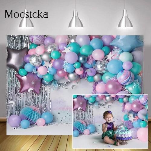 Rainbow Balloons Wall Cake Smash Backdrop Photocall Newborn Children Birthday Portrait Background Silver Stars Photography Props