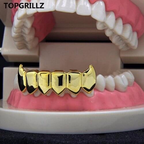 TOPGRILLZ Fit Light Yellow Gold Color Plated Hip Hop Teeth Fang Grillz Caps Solid Lower Bottom Set Vampire Grills Cap