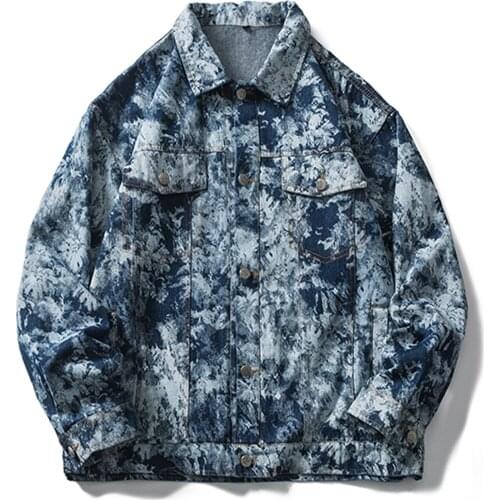 LACIBLE Men Harajuku Hip Hop Streetwear Blue Denim Jacket Retro Tie Dye Denim Cargo Jacket Coat 2021 Autumn Casual Cargo Outwear