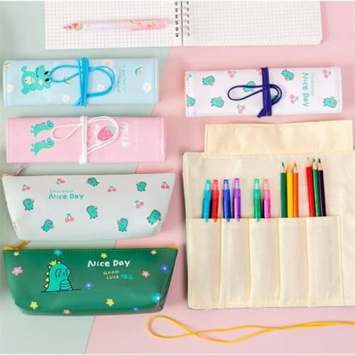 Dinosaur cute pencil case Cartoons Roll pen case PU leather pen curtain for Children girl pencil bag School Stationery bag gifts