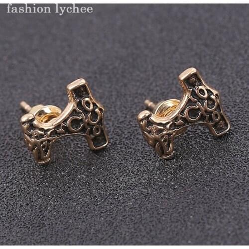 Fashion lychee Retro Design Punk Hammer Mjolnir Stud Earrings For Women Trendy Jewelry Christmas Gift