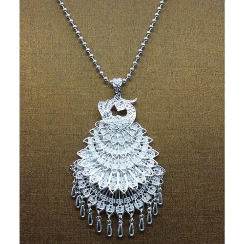 Nation Style Silver Plated Peacock/Flower/butterfly Necklace Long Chain Tassel Necklace for Womens Fashion Jewelry Lovers Gift