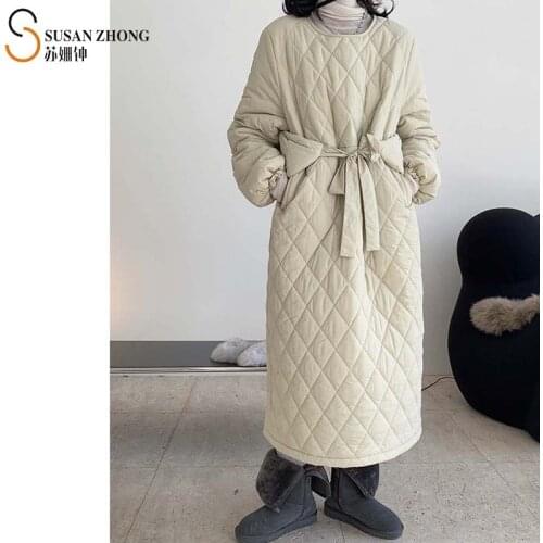 Women Coats Female Puffer Lady Padded Jacket Long Cozy Athleisure Fall Winter Loose Round Neck Lantern Sleeve Belt Quilted Warm
