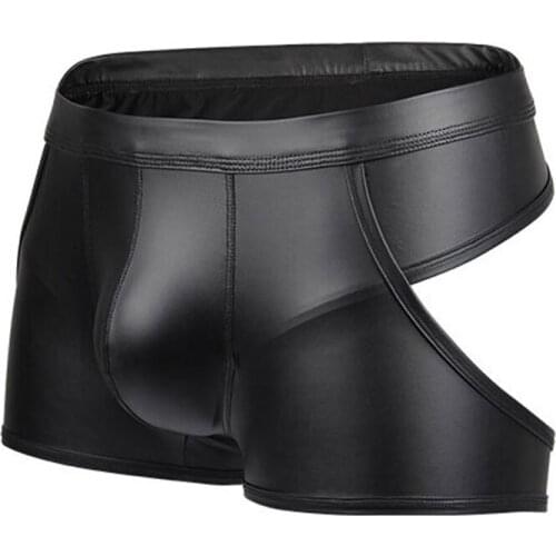 Sexy Men U Convex Pouch Boxer Underwear PU Hollow Out Open Crotch Gay Wear Low Rise Boxer Cool Male Stage Wear Plus Size F15