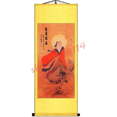 Taoist ancestor Lao Tzu portrait, purple air east silk scroll hanging, exquisite handicraft decorations collection gifts
