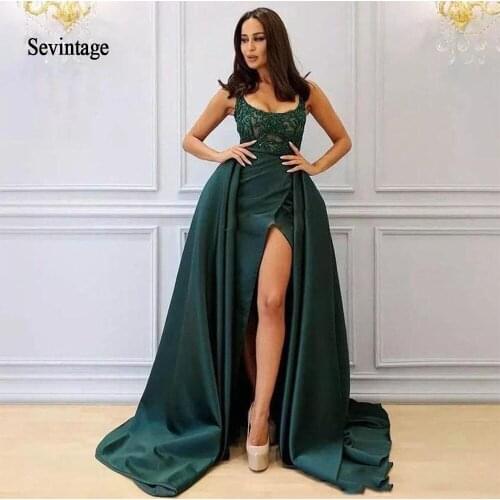 Sevintage Mermaid Saudi Arabia Side Split Evening Dress Over-Skirt Square Neck Lace Beaded Satin Prom Dress robe de soiree