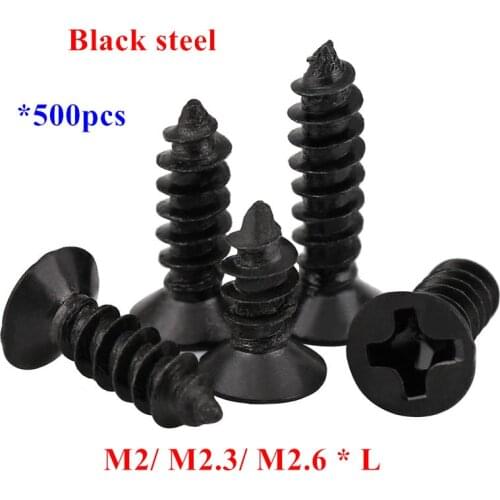 500pcs KA M2 M2.3 M2.6*4/5/6/8/10/12mm Flat Head Self Tapping Screws Black steel Laptop wood tapping screw
