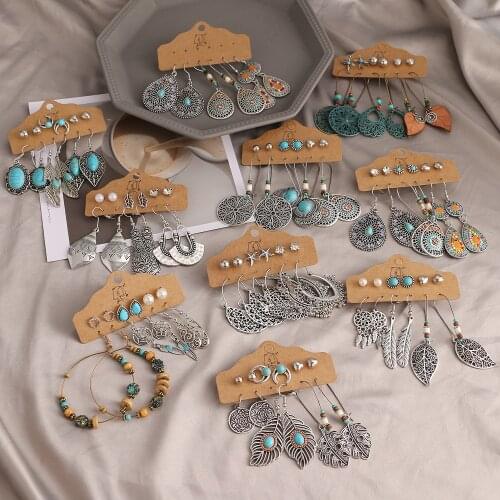 VKME Vintage Bohemian Dangle Earrings Set For Women Punk Ethnic Leaf Stone Drop Earring 2021 Trend Set of Earrings Jewelry