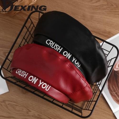 For seasons autumn Hat pu leather letter Berets French Artist Beret Women Painter hat Vintage Girls Female Warm Walking Cap