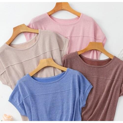 WWENN Summer Women Knitted Pullover Short Sleeve Tshirt Tops Loose Lurex Bat Sleeve Black White Female Plus Size Tops Spring