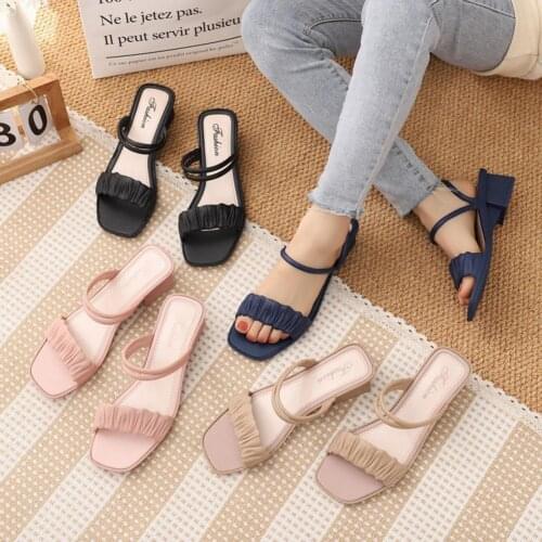 2021 New Fashion Summer Women Non-slip Casual Sandals Thick Heel Candy Color Pleated Upper Square Head Slippers for Beach