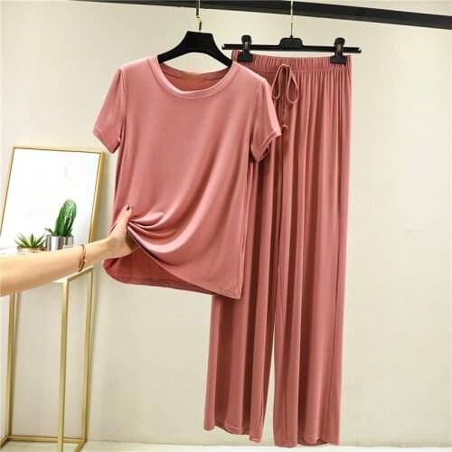 Modal Solid Women Suits Summer Vintage 2021 Loose T-Shirts And Wide Leg Ankle Length Pants Female Casual Homewear Clothing Sets
