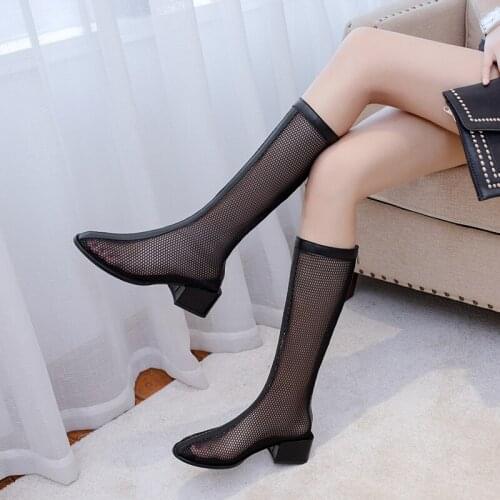 2020 Summer Women Boots Sexy Mesh Pointed toe Zipper Knee-high boots square Heel long Boots Ladies zapatos de mujer 34-43