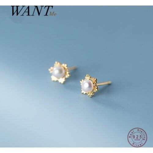 WANTME Real 925 Sterling Silver Romantic Snowflake Pearl Stud Small Earrings for Women Sweet Korean Christmas Party Jewelry Gift
