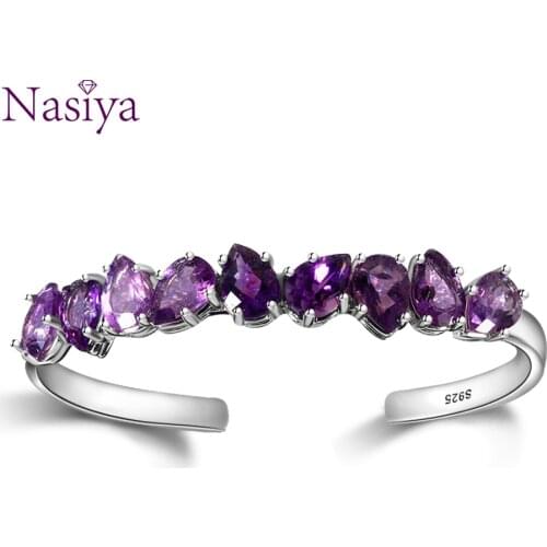 Sterling Silver 925 Bangle For Women Fine Jewelry Bracelet Purple WaterDrop Pear Amethyst Wedding Valentine Day Gift Adjustable