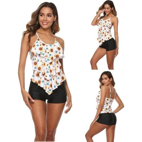 Plus Size Womens Swimming Suit Tankini Belly Control Swimsuit Vest Retro Solid Color Swimsuit with Shorts Two-piece Swimsuit