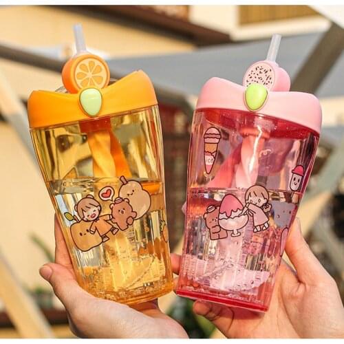 460ml Cartoon Cute DIY Sticker Straw Stirring Cup Outdoor Student Plastic Cup Creative Fruit Water Cup Straps Reusable with Lid