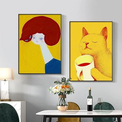 Abstract Animals Canvas Painting Cartoon Cat and Girls Posters Prints Wall Art Pictures for Living Room Wall Decoration Cuadros