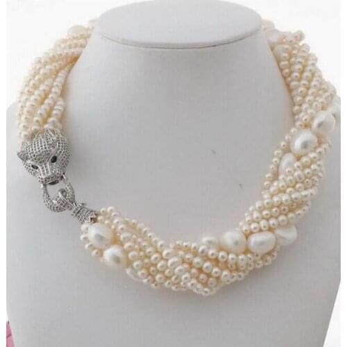 Baroque 9 Strands Freshwater white Pearl 5-10MM Necklace Cz 18inches diy real Natural Fine jewelry cubic zircon leopard head