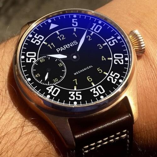 New Parnis 44mm Mechanical Watches Fashion Men Watch Hand Winding Black Dial Clock Mark Genuine Leather Strap Mens Wristwatch