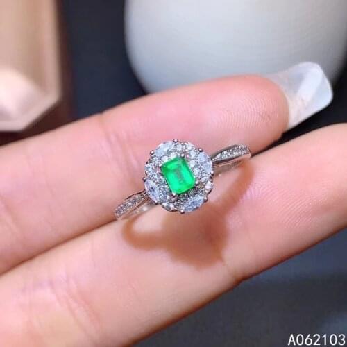 KJJEAXCMY fine jewelry 925 sterling silver inlaid natural emerald Womens fashion fresh square adjustable gem ring support detec
