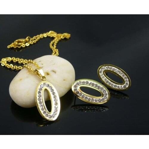 Full Stone O Pendant Necklace Earrings Gold Color Stainless Steel Jewelry Sets