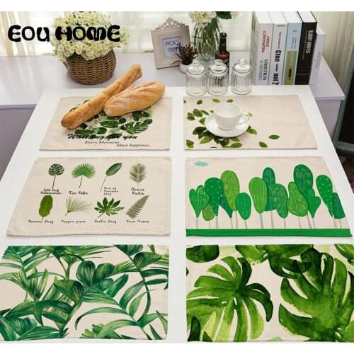 4Pcs/Set Small Fresh Green Leaves Printed Cotton and Hemp Mats Pads Thermal Insulation Western Food Tableware Cup Bowl Plate Pad
