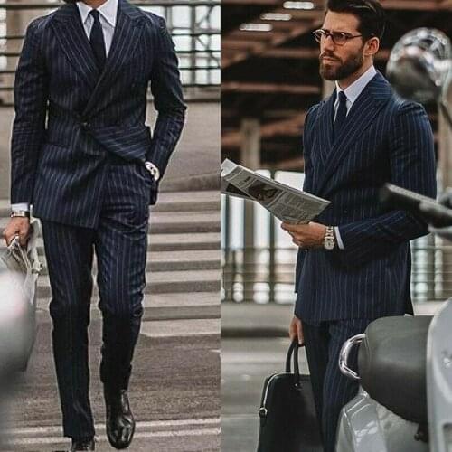 Handsome Navy Blue Mens Suits Striped Peak Lapel Casual Business Blazer Work Wear Custom Tuxedo Groom Suits For Men Wedding 2pc