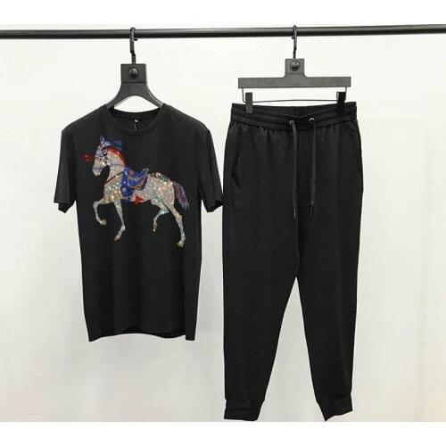 Luxury 2021 New Technology Animal Hot Rhinestone Pattern T-Shirt Fashion Youth Design Sets Mens Tracksuit Trend Short Sleeve