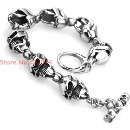 New Arrival 8.66" *15mm Silver color Biker Cool SKULLS Heads Mens Boys 316L Stainless Steel Bracelet Chain Bangles 60g Jewelry