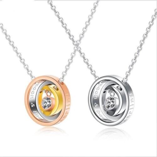 Stainless Steel Matching 2pcs Three Circle Crystal Pendant Necklace Valentines Day Jewelry Gifts for Boyfriend Girlfriend