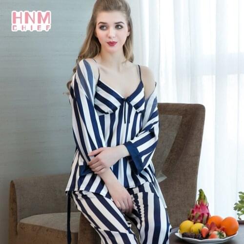 HNMCHIEF Blue Stripes Women Pajamas Set Spring Sexy Satin Sleepwear Sling Nightwear Thin Ice Silk Pyjama 3PCS Homewear Lounge